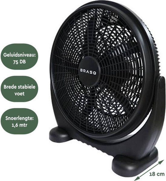 BRASQ Vloerventilator - 50 cm - Zwart - 3 snelheden - Ventilator Staand - Verstelbaar - 90 Watt
