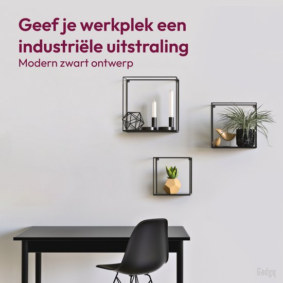 Gadgy Vierkante Wandrekken Industrieel - Set van 3 - Metaal - 32, 27 en 22 cm - Zwart