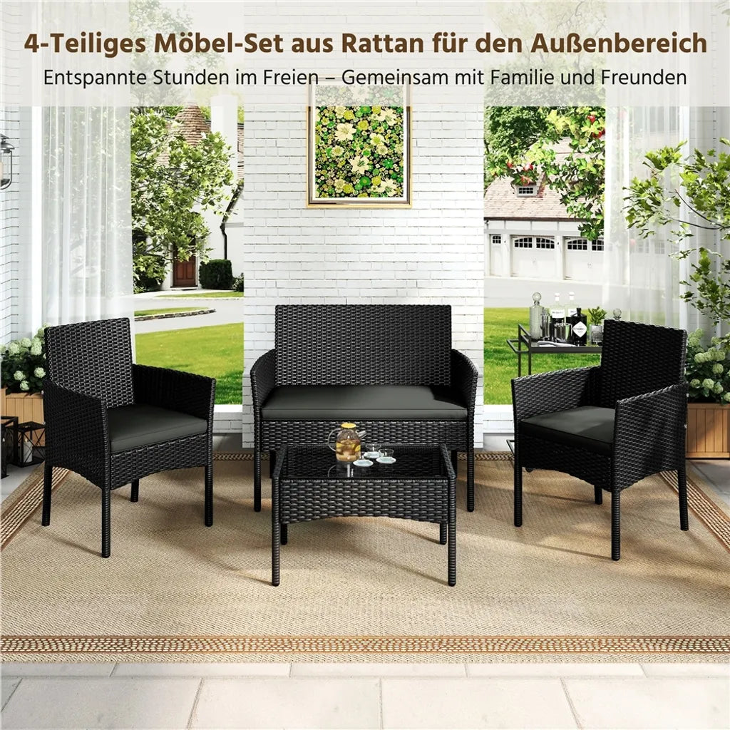 Yaheetech 4-delige Loungeset Tuin - Zwart/Grijs - Polyrattan Tuinmeubelset met 2-zitsbank, 2 Stoelen en Salontafel