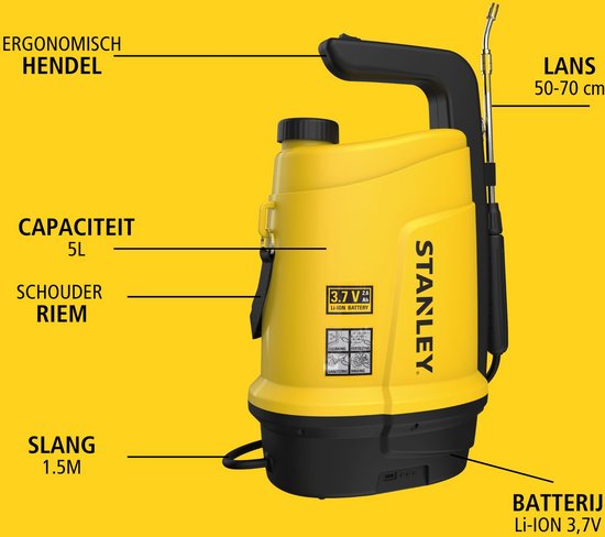 Stanley Druksproeier 5 L, drukspuit, sproeier tuin, elektrisch, heroplaadbare batterij lithium, telescopische lans, regelbare sproeikop, autonomie 2.5 h, max. 2 bar, 0.33 L/minuut, geel/zwart