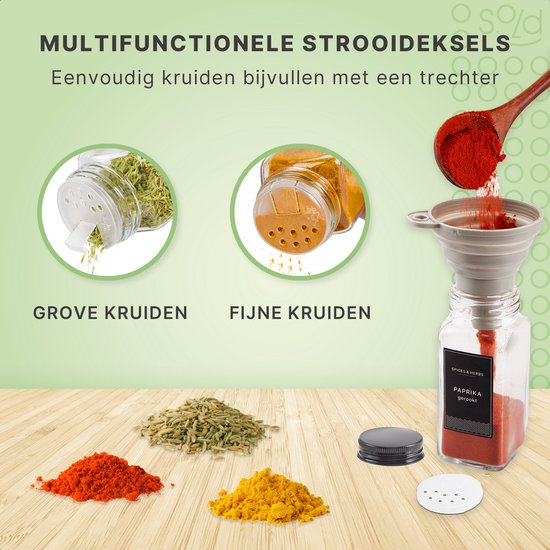 S.old - 36 Glazen Kruidenpotjes vierkant met Deksel Zwart - Kruidenstrooier - Complete set met Strooideksels, Voorbedrukte Stickers en Trechter - Inhoud 120 ml - 10,5 x 4,3 cm