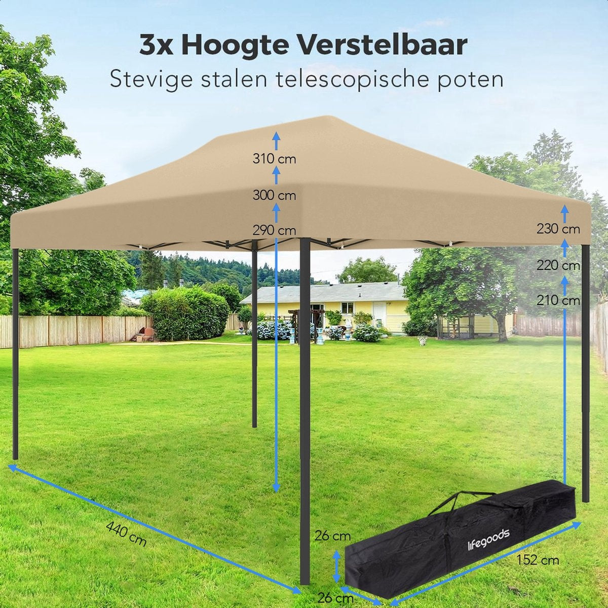 LifeGoods Partytent - Paviljoen - EasyUp - Opvouwbaar - Waterdicht - Met Draagtas met wieltjes - 440 x 297 cm - Beige