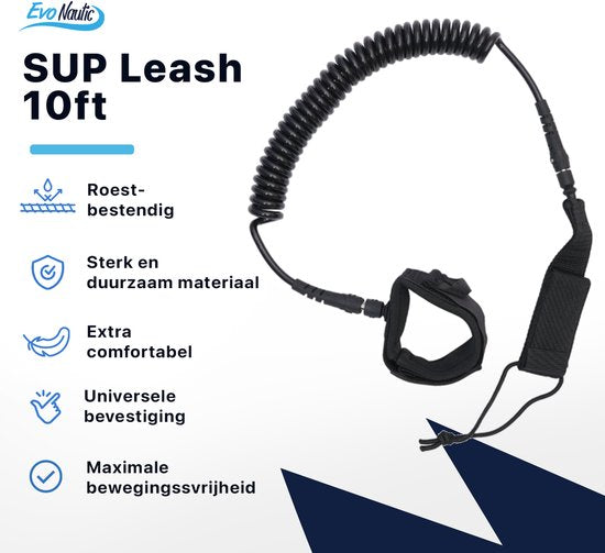 EvoNautic SUP Leash 10ft - Enkelkoord voor SUP - Lengte van 3 meter - Verstelbare enkelband - Geschikt voor alle boards - Gemaakt van sterk en duurzaam materiaal