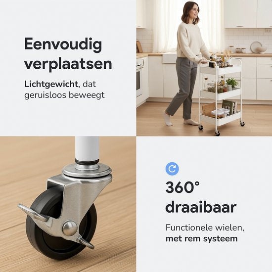 Keuken trolley op Wieltjes - 3 laags - Keukenrek - Serveerwagen - Kastje - Karretje - Opberg - Douche kastjes staand - Rekje - Wit - Luft