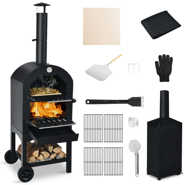 COAST Houtgestookte Outdoor Pizzaoven – Inclusief Pizzasteen en Schuif - Max. 350 ℃ - Zwart - 59 x 46 x 162 cm