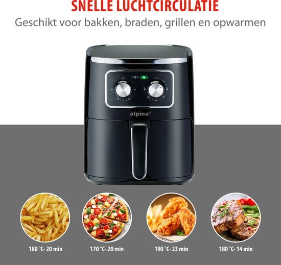alpina Airfryer 4.5L- Heteluchtfriteuse voor 3 tot 4 Personen - Air Fryer met Instelbare Temperatuur van 80°C tot 200°C - Timer tot 60 Minuten - Hetelucht Friteuse 1450W - Zwart
