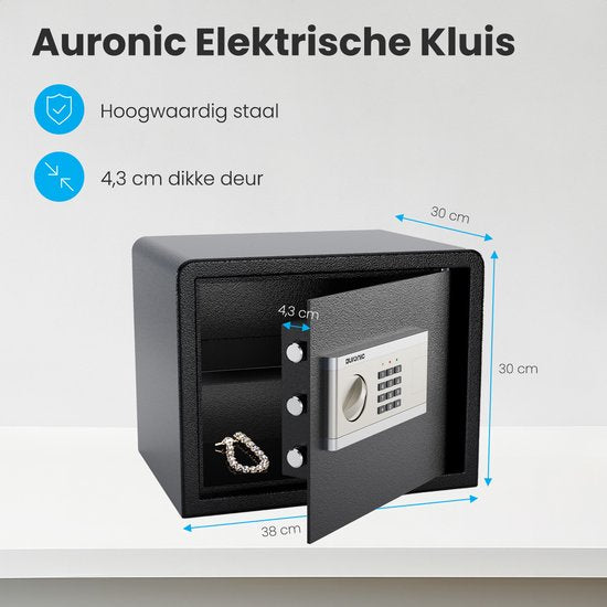 Auronic Elektronische Kluis - Cijferslot - Muurbevestiging - 4,3cm Deur - 130dB Alarm - 28L - 30x38x30cm - 10KG - Staal - Zwart
