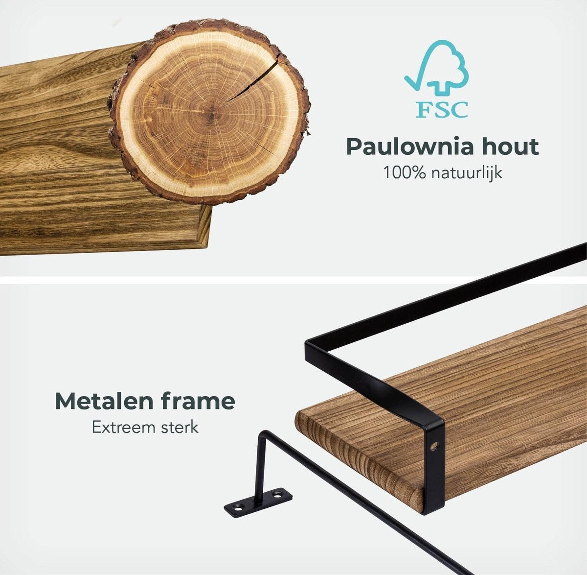 LifeGoods Zwevende Wandplank - 2 Stuks - 41cm - Handdoekhouder en 8 Haakjes - Industrieel - Hout - Bruin/Zwart