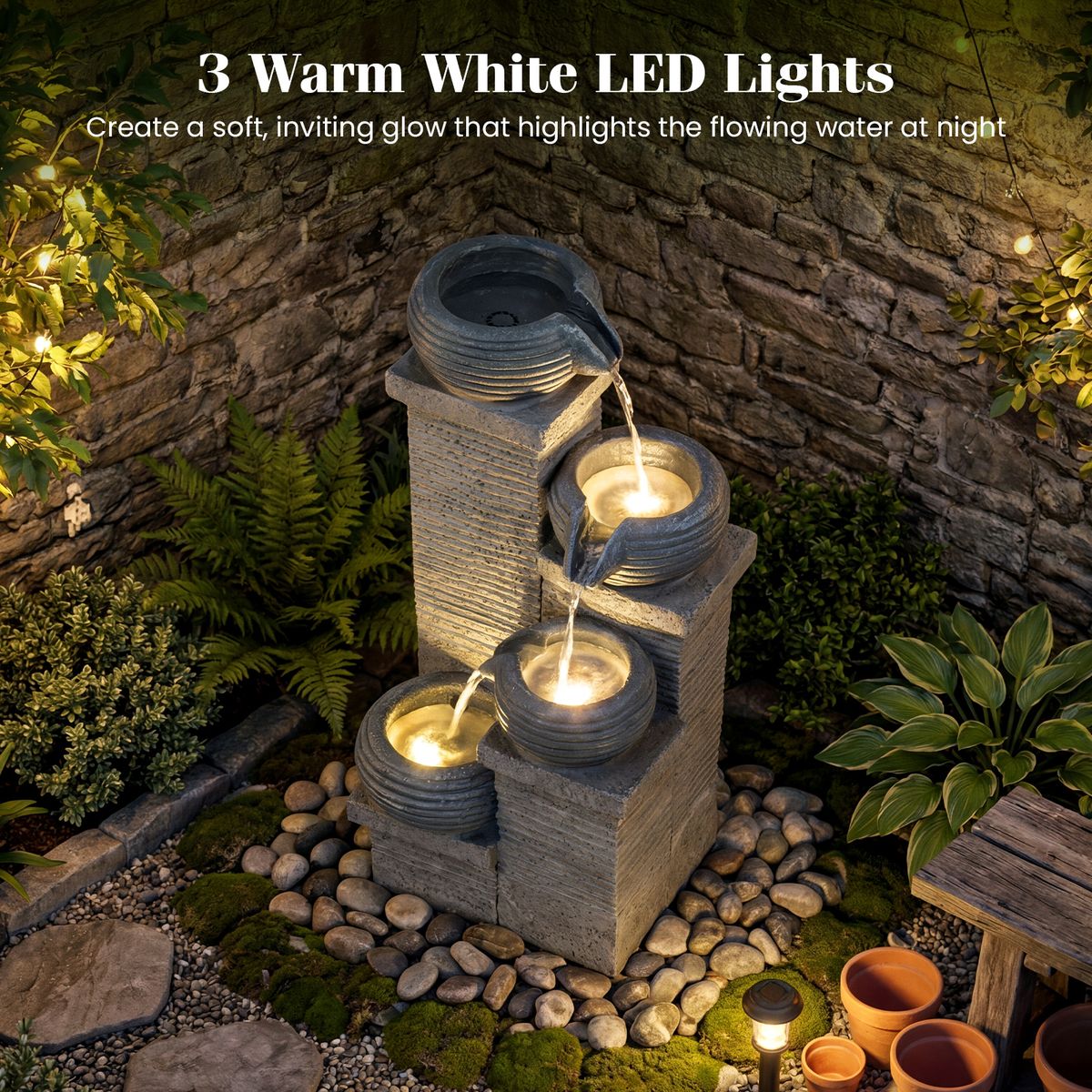 Coast Tuinfontein met LED-verlichting - Viertraps waterval - Kunsthars en glasvezel - Grijs 28 x 22 x 58 cm