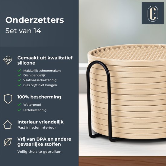 Castagnola Siliconen Onderzetters – Onderzetters voor Glazen – Design Onderzetters met Houder – Onderzettersset – Anti Slip - Set van 14 – Beige