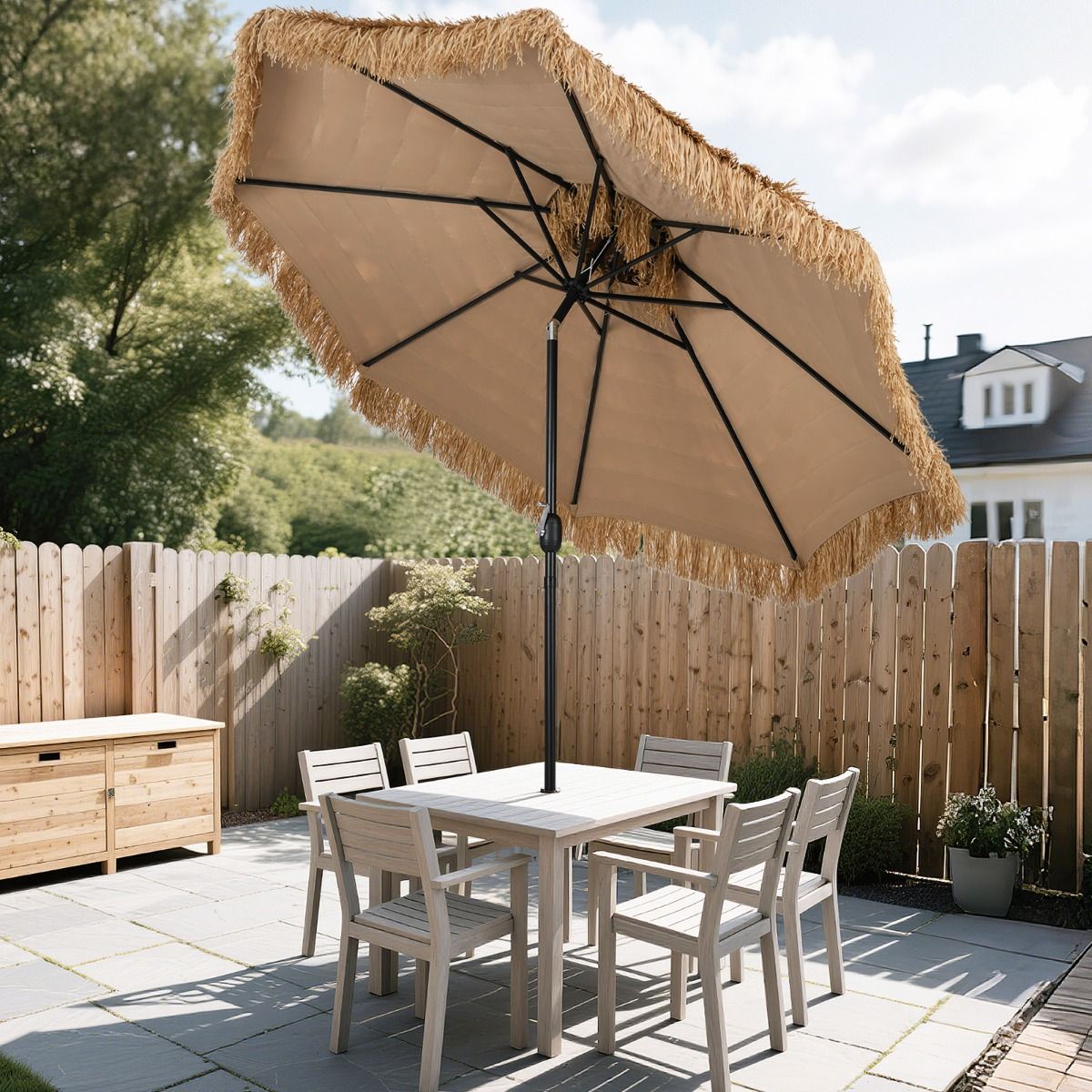 Coast 299 cm Rieten Tiki Parasol Hawaii Dubbeldeks Marktparasol – Naturel/Zwart, Ø 299 cm x 270 cm Hoog