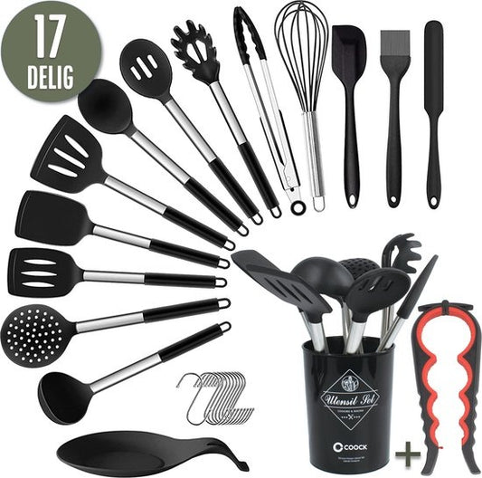 COOCK Keukengerei Set met Houder XL - Kookgerei Set 17 delig - Siliconen - BPA-Vrij & Plastic Vrij - Ophangbaar - Incl. Opener