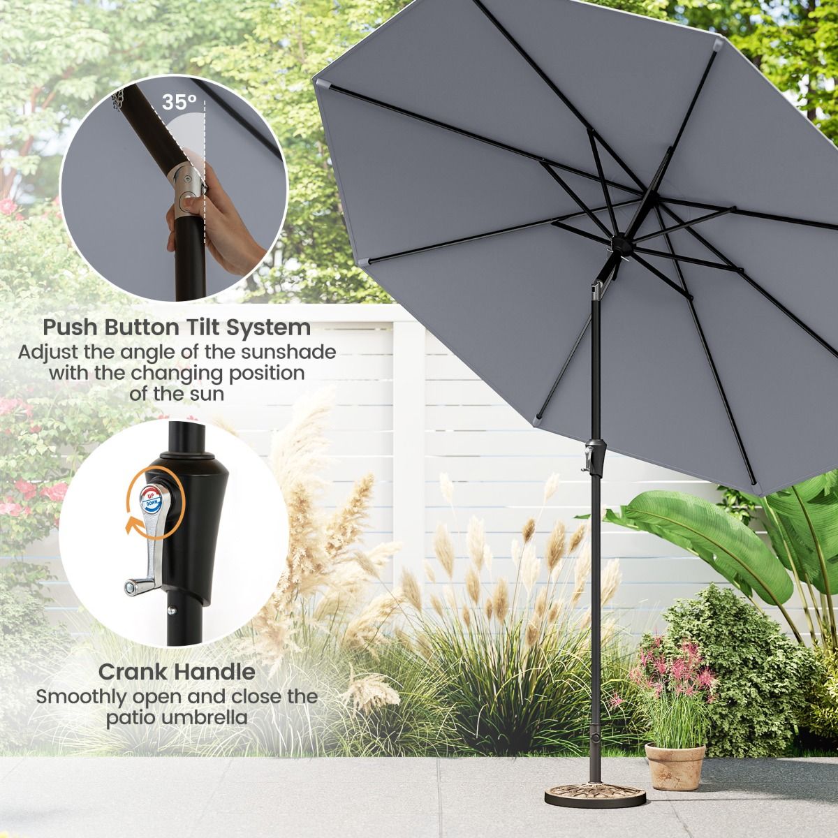 Coast Terrasparasol 270 cm Grijs – Kantelbaar Marktscherm met Zwengel en Geventileerd Dak