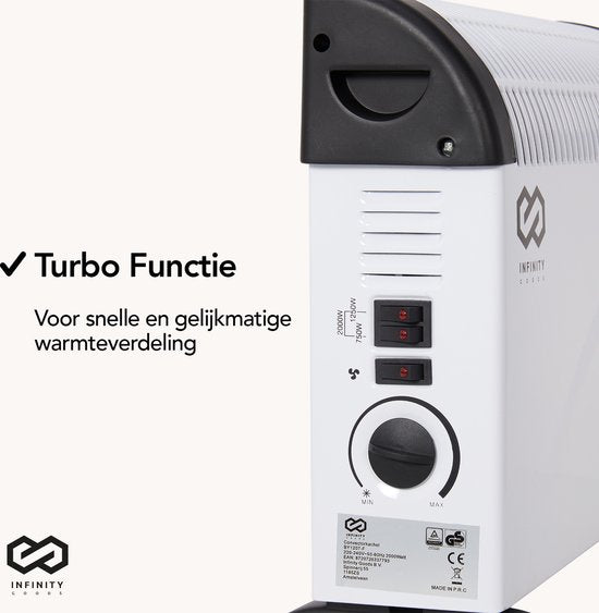 Infinity Goods Elektrische Convectorkachel - Turbo Functie en Ventilator - 750 / 1500 / 2000W - Verstelbare Thermostaat - Radiatorkachel - Oververhittingsbeveiliging - 35m² - Zwart/Wit