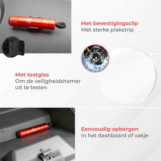 Nuvance - Veiligheidshamer - Noodhamer - Incl. Zelfklevende Houder en Testglas - Lifehammer - Gordelsnijder - Auto Hamer - Veilig Onderweg - Rood
