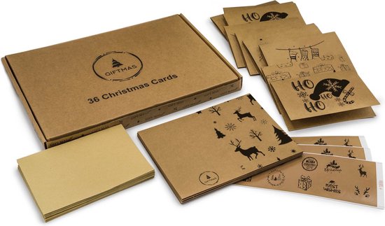 Giftmas Kerst Collectie – Wenskaarten & Kerstkaarten Set – 36 Groetenkaarten met 12 Designs – Inclusief Enveloppen en Stickers – Kraft Papier Kaartenset Voor Feestdagen - 20x15cm