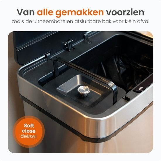 Goliving Automatische Prullenbak Afvalscheiding 64 Liter – Sensor Afvalbak – Handsfree sensor – Afvalemmers – Vuilnisbak voor Binnen – RVS – 40L + 2x12L + 8L – Zilver