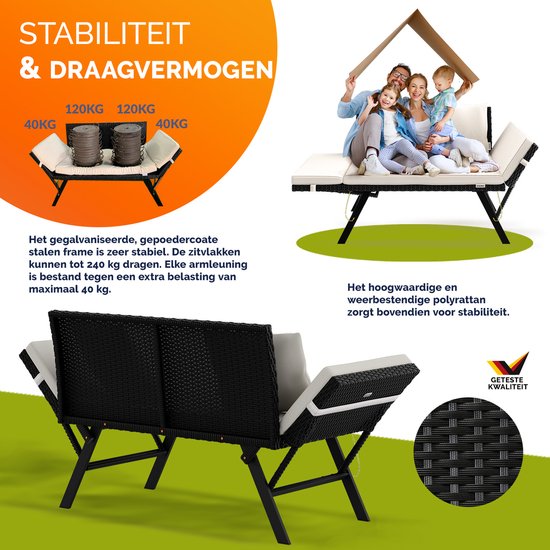 Casaria Polyrattan Tuinbank – 176 cm Verstelbaar Incl. Kussens – Zwart