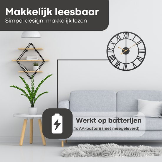 Tyme Wandklok Industrieel – 34cm – Romeinse cijfers – Goed leesbaar - Analoog - Uurwerk - Muurklok Modern - Quartz - Zwart