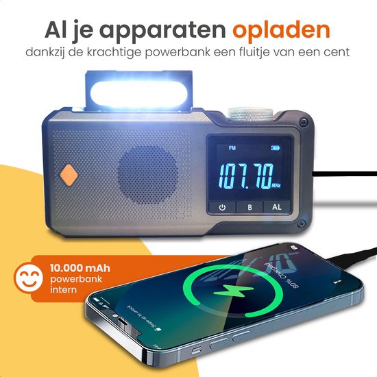 Goliving Noodradio - 17 x 9 x 4 cm - Draagbare Radio - Powerbank Zonneenergie Solar Opwindbaar - Zaklamp Oplaadbaar - Digitale Wekker - Bluetooth - 10000 mAH - 80 dB - Zwart
