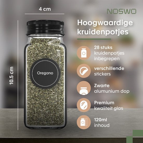 Noswo Kruidenrek Lade - Met 28 Potjes - Complete Set - Vierkant - Strooideksel en Labels - Kruiden Organizer - Keukenlade Organiser - Zwart
