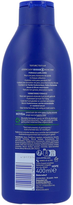 NIVEA Verzorgende Body Milk - met Hyaluronzuur Zachte Amandel Olie en Voedend serum - Body Melk met 72 Uur Hydratatie - Voor Droge tot Zeer Droge Huid - 400 ml