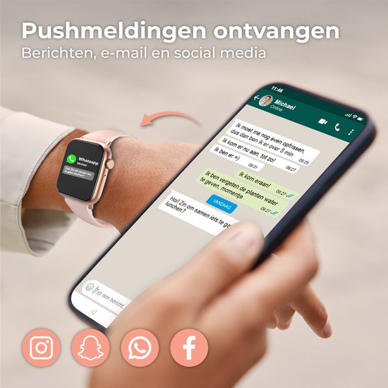 Nuvance - Smartwatch Heren & Dames met Bluetooth - 45mm - Geschikt voor alle Smartphones - Stappenteller en Hartslagmeter - Waterdicht - Lichtroze
