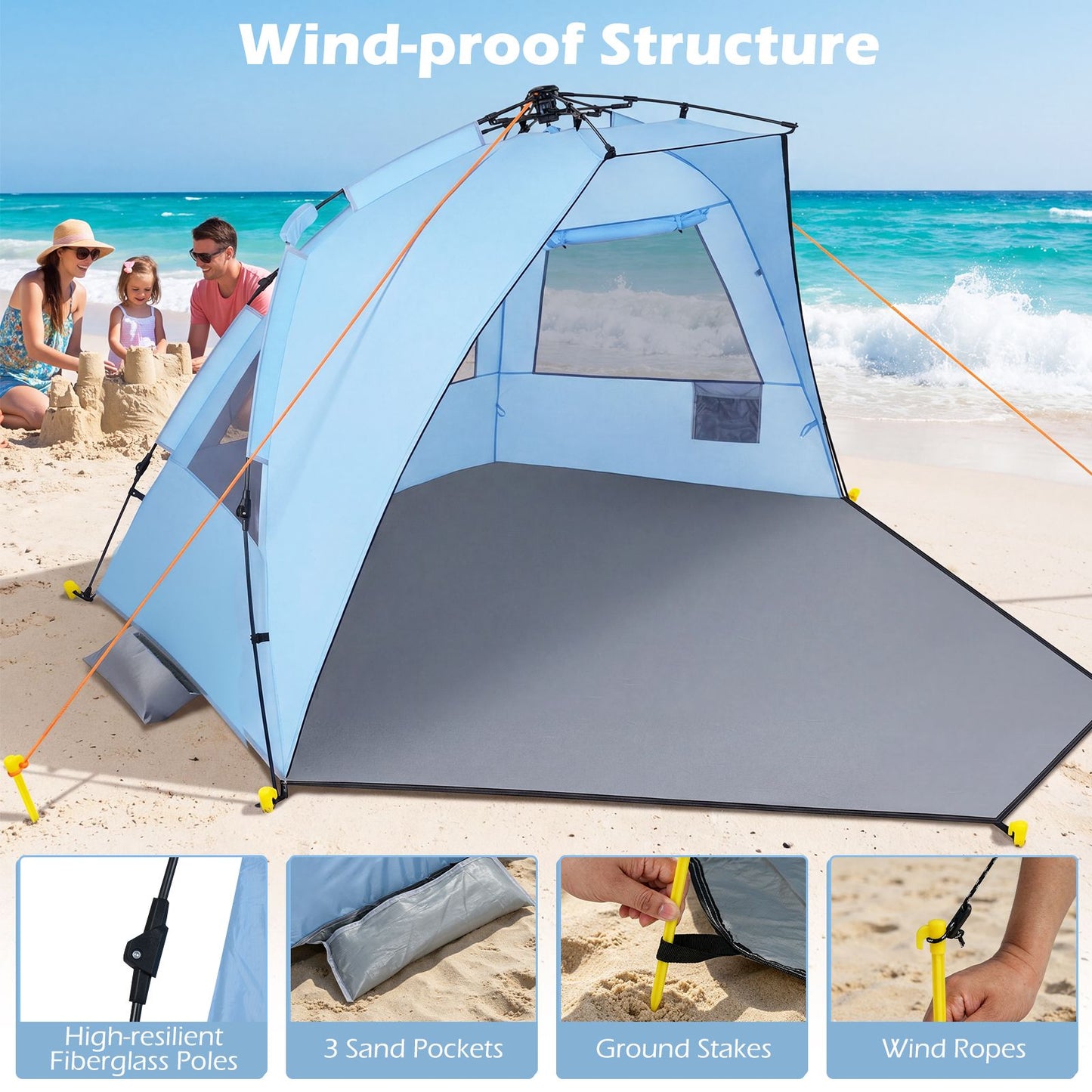 Coast Pop-up Strandtent 3-4 Personen - Grijs/Blauw - 278 x 140 x 142 cm - Incl. Draagtas, Haringen en Zandzakken