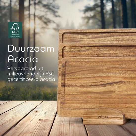 Villux Snijplank - Snijplankenset Met Houder - Snijplank Hout - Snijplanken - Snijplank Acacia- Houten Snijplank - Snijplankenset - Tapasplank - Borrelplank - Serveerplank - Hapjesplank - Inclusief eBook - 3 Stuks - Acacia