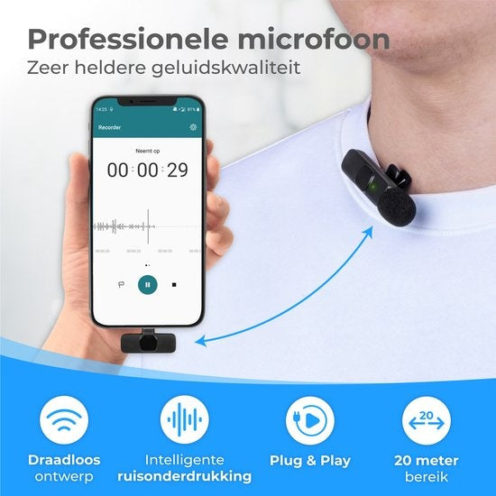 Nuvance - Draadloze Microfoon - Dasspeld Microfoon - Geschikt voor Usb-C & Apple Lightning - Lavelier Microfoon - Plug & Play