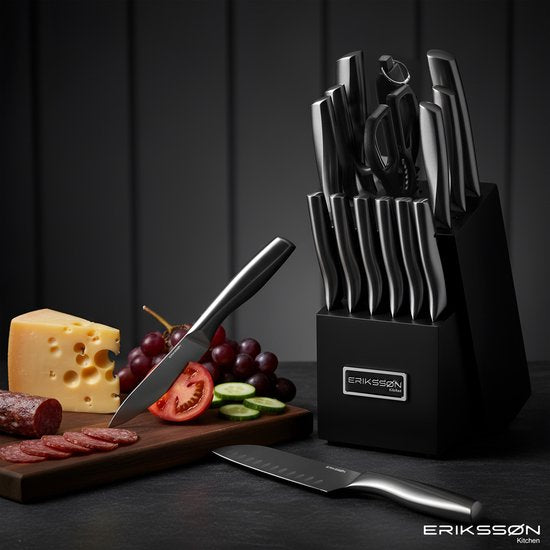 Erikssøn Kitchen Messenset Met Keukenblok - 16 Delig - Krasbestendig - Keukenmessen - Koksmes - Vleesmes - Zwart