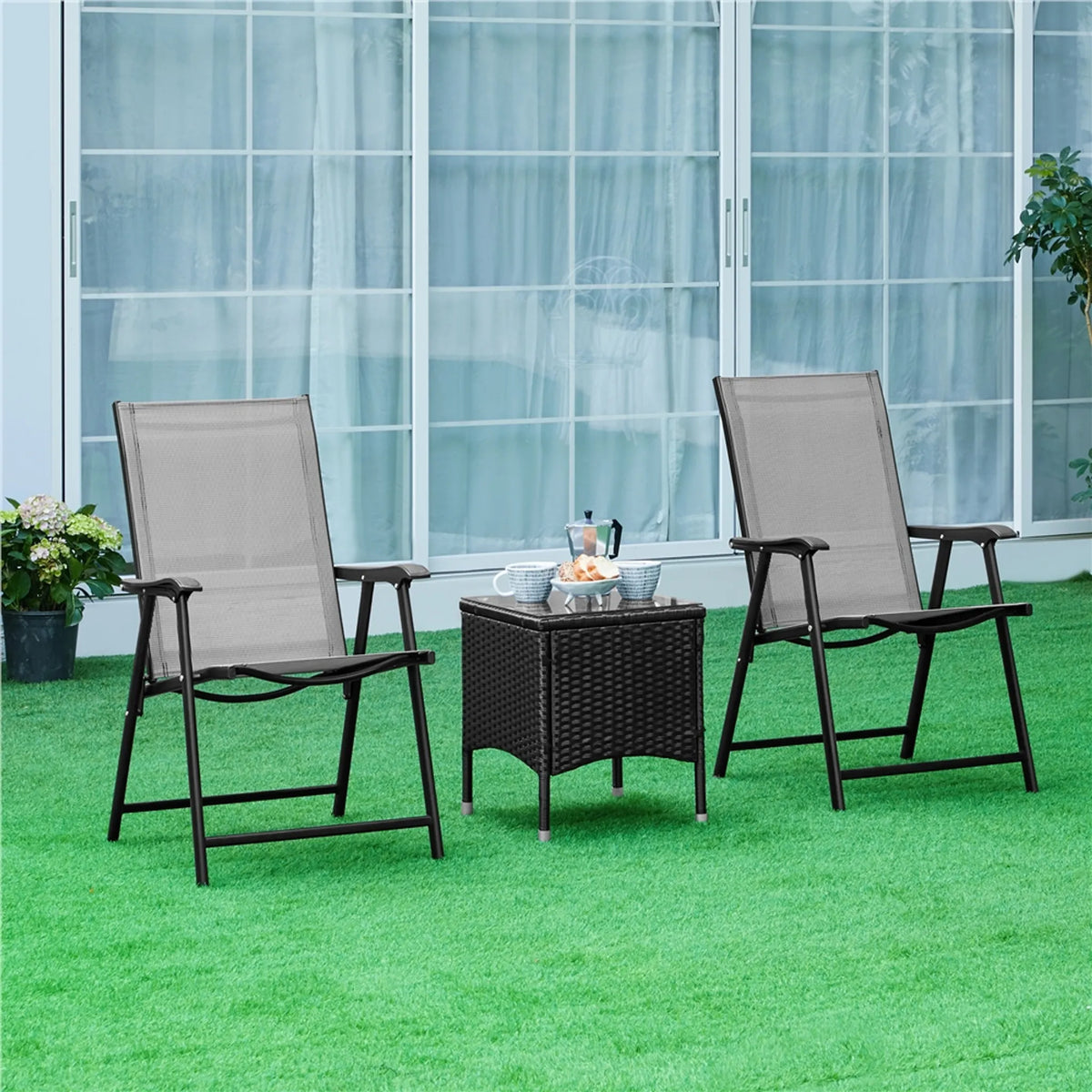 Tuinstoelen Set van 2 Opvouwbaar met Armleuningen en Hoge Rugleuning Texteline Grijs