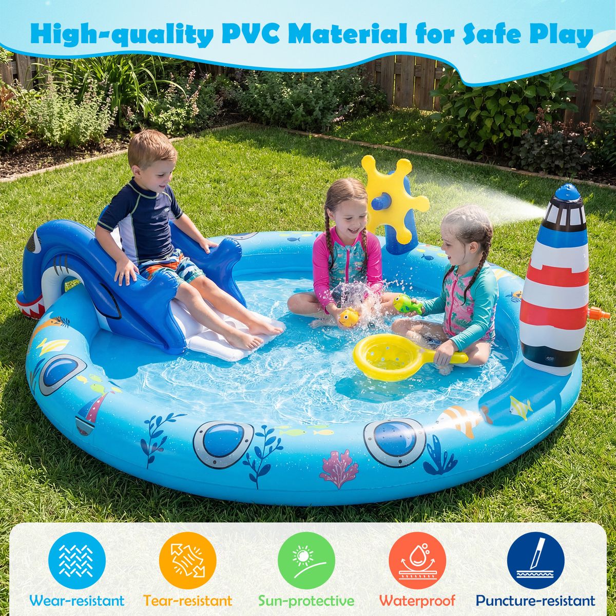Coast Opblaasbaar Kinderzwembad - Waterspeelcentrum met zee-thema - Haai-glijbaan en sproeier - Multikleur 188 x 153 x 63 cm