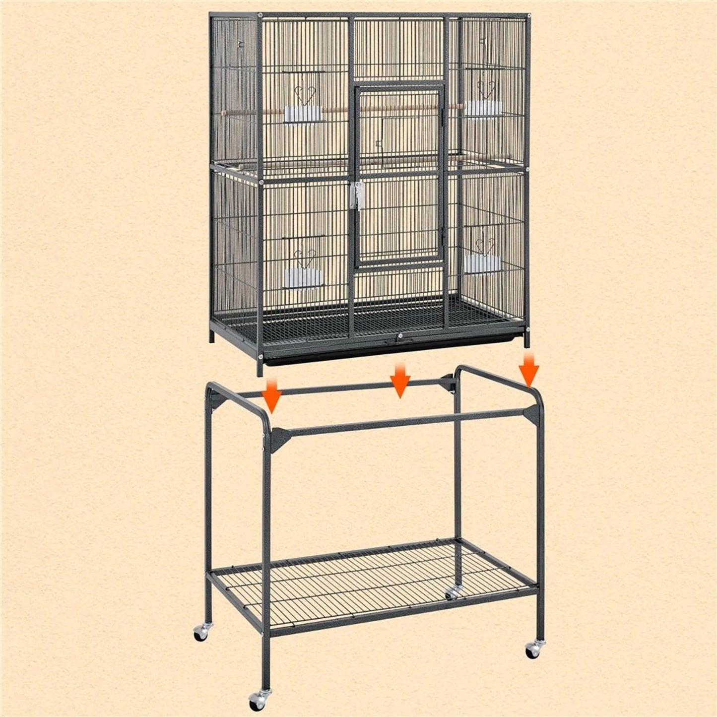 Yaheetech Vogelkooi Met Verrijdbaar Onderstel – Voorzien Van Afneembare Kooi En Zes Toegangsdeuren En Opbergplank – Voor Parkieten En Valkparkieten – Gehamerd Zwart Metaal – 81 x 47 x 160 cm