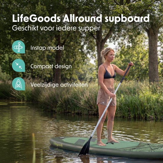 LifeGoods SUP Board Allround Compact - met Zitje - 100 KG Draagkracht - 300 x 76 cm - Opblaasbaar - Compleet SUP pakket - Groen/Legergroen