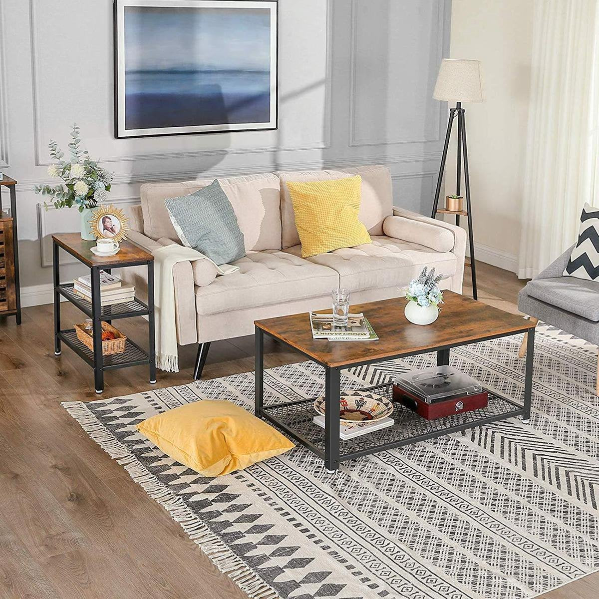 O'DADDY® Wandtafel - Sidetable Industrieel - met 2 gaasplanken - bijzettafel 60x30x60 cm - Haltafel - kleur bruin