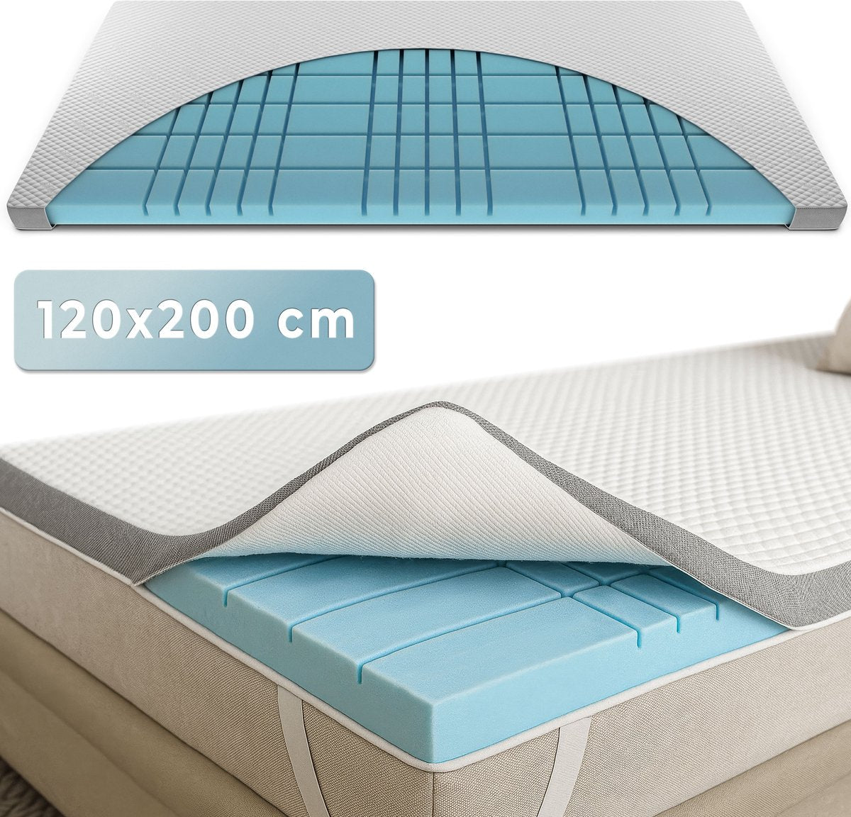 CozySense® – CubeTech Topper Topdekmatras – 120 x 200 cm – 100+ Comfort Cubes - Verkoelende Gel - Wasbare Hoes – Wit Traagschuim En Textiel