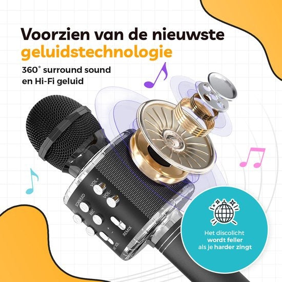 AyeKids 5-in-1 Karaoke Microfoon - Draadloos & Bluetooth – Ingebouwde Speaker & Disco Lichten – Incl. AUX-kabel - Microfoon Kinderen - Karaoke Set - Zwart