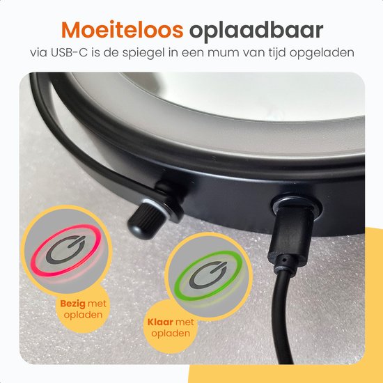 Goliving Make Up Spiegel Met LED Verlichting - Ø25 cm - 10x Vergroting - met USB-C oplaadpoort - Zwart