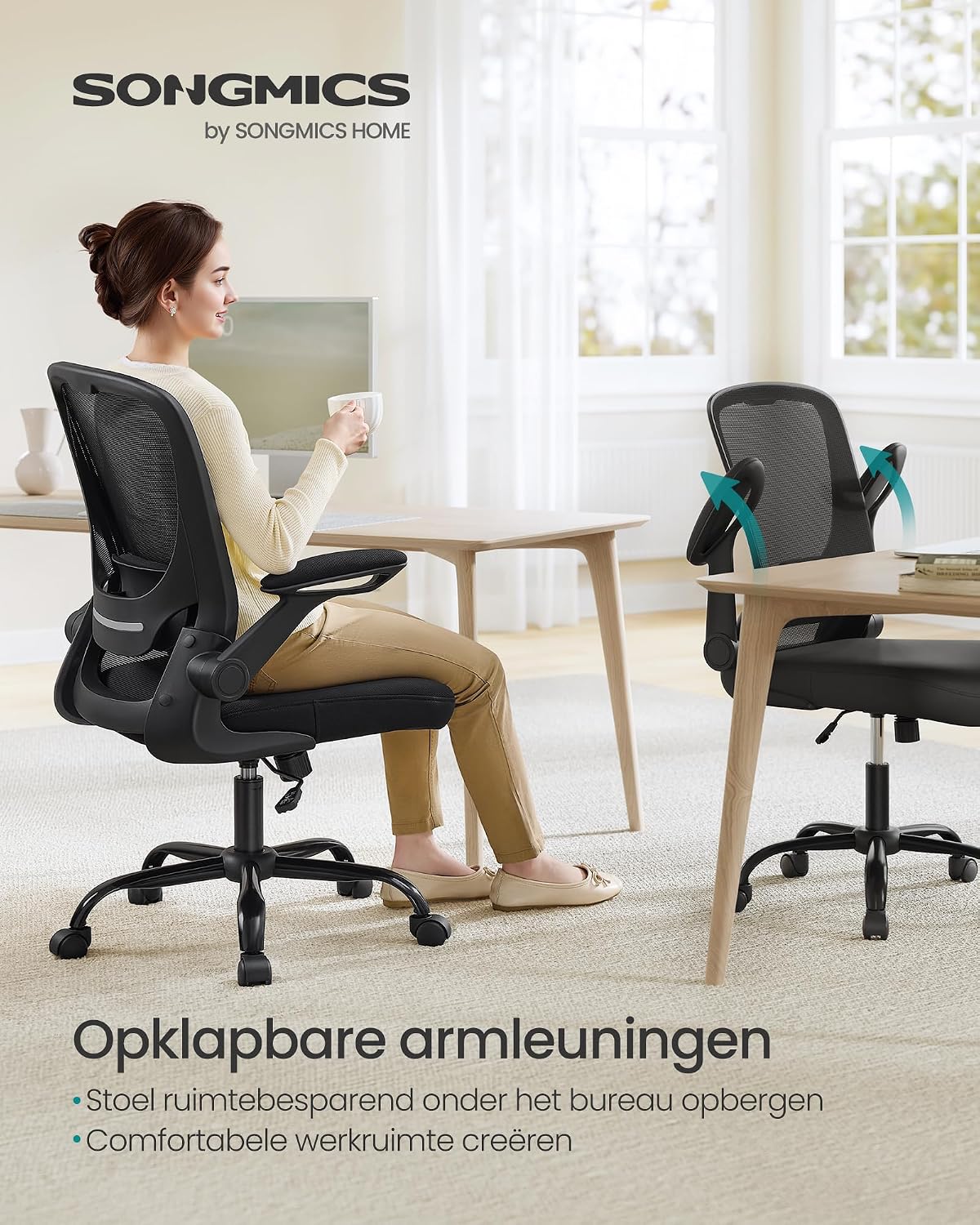 Songmics ergonomische bureaustoel OBN37BK - Opklapbare armleuningen - Zwart