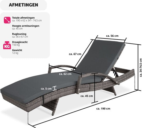 tectake® - Wicker ligstoel ligbed zonnebed - Verstelbare rugleuning (5 standen) - Incl. ligkussen met wasbare hoes - grijs - poly-rattan