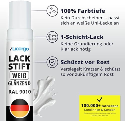 LICARGO Lackstift Glanzend Wit 12 ml - Precisiekwast voor Krasjes en Steenslag