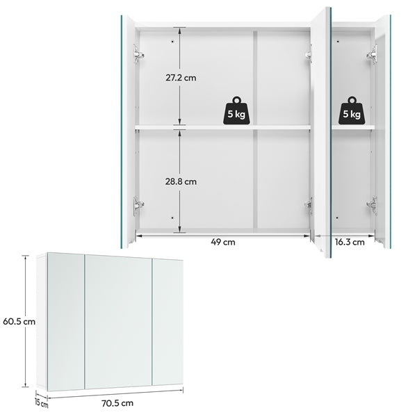 Frameless Spiegelkast - 3 Spiegeldeuren - 2 Verstelbare Legplanken - 70,5 x 15 x 60,5 cm - Wit