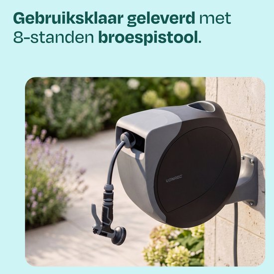 VONROC Automatische slanghaspel – wandslangbox – Incl. 30m premium tuinslang, 8-standen broespistool en koppelingen – zwart/grijs