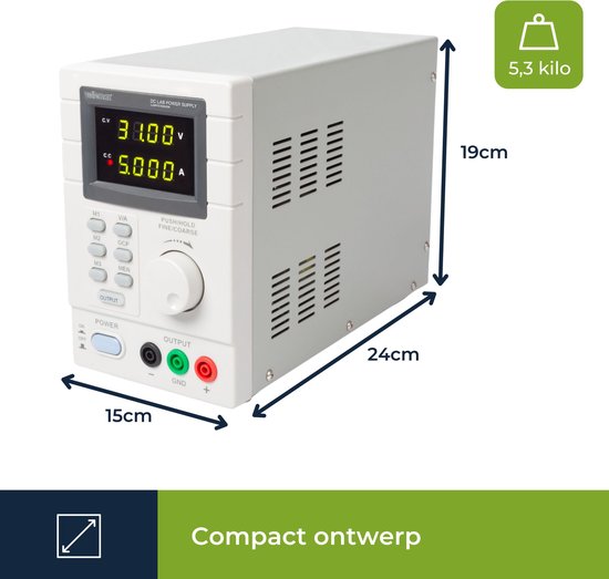 Velleman Laboratoriumvoeding, programmeerbaar via PC, regelbaar, 0-30 VDC/5 A, stroombegrenzing, bescherming tegen kortsluiting, twee 4-cijferige led-schermen, USB-aansluiting