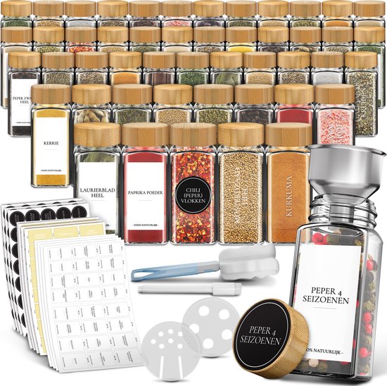 Soothe 48 Glazen Kruidenpotjes Vierkant met Bamboe Deksel – 2 Soorten Strooideksels – Kruidenstrooier – Spice Jars – Complete Set incl Kruiden Stickers, Krijtstift en Accessoires – 120ml