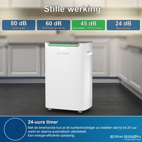 Erikssøn Luchtontvochtiger Dry Pro Plus - Ontvochtigt Tot 20 Liter Per Dag - Was-droog Functie - Geschikt Voor Huis, Slaapkamer , Badkamer , Woonkamer En Kelder - Dehumidifier - Vochtvreters Voor In Huis - Wit
