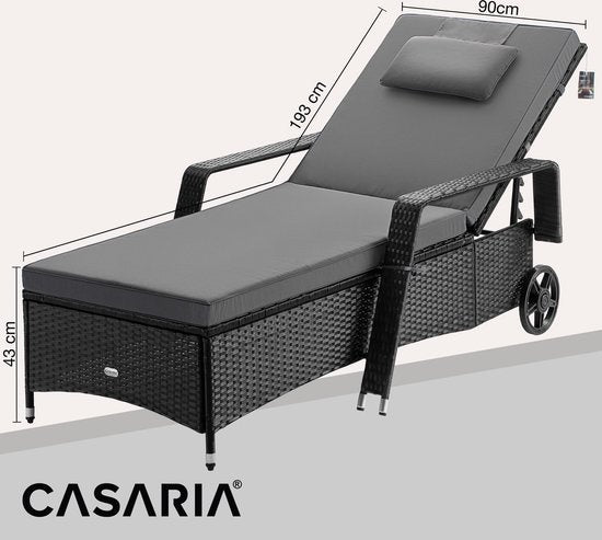 Casaria Polyrattan Ligstoel – Incl. Kussen 160 Kg - Zwart Antraciet
