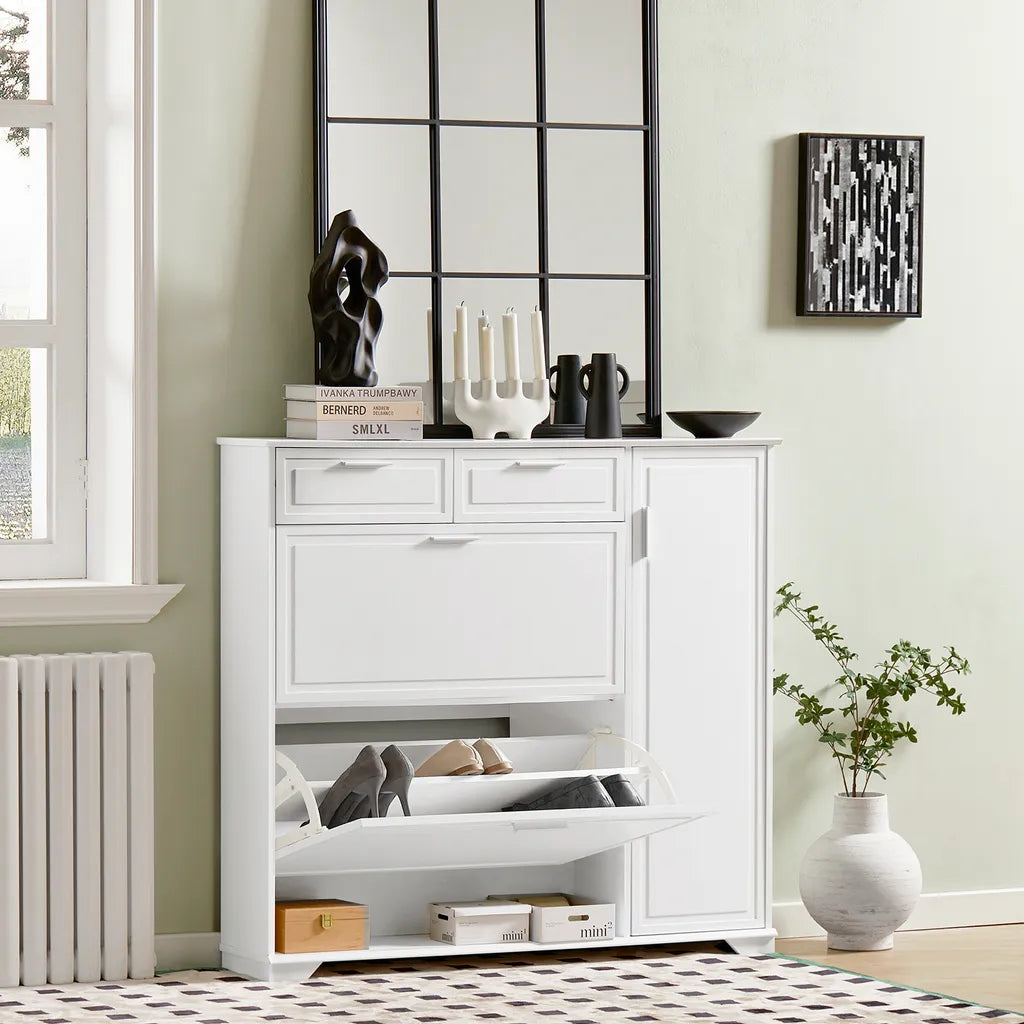 SoBuy Schoenenrek - Schoenen Opbergkast, Schoenencommode, met 2 Kleppen, 2 Lades, 1 Deur en 1 Open Compartiment- Max. 60kg - 102x96x24cm - Wit
