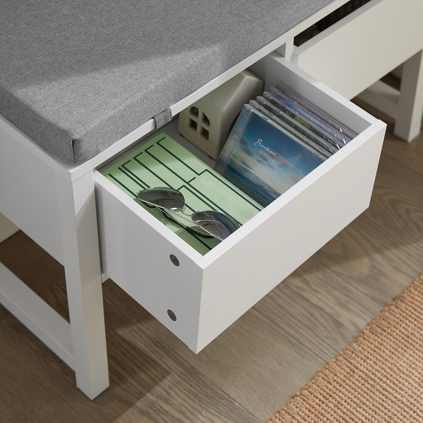SoBuy Opbergbank met gestoffeerd zitvlak - 2 Lades - Max. 150 kg - 72 x 30 x 46 cm - Wit/ Grijs